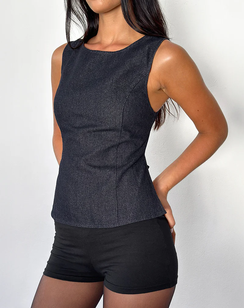 Saima Open Back Tank Top in Dark Indigo Chambray - Image 3