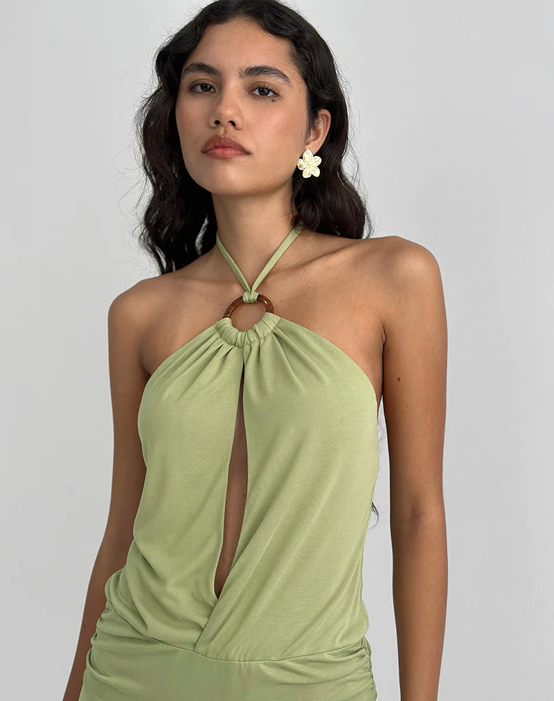 Saira Halter Neck Mini Dress in Sage - Image 2