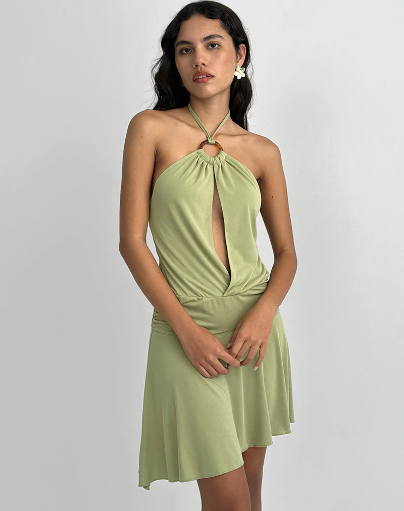 Saira Halter Neck Mini Dress in Sage - Image 4