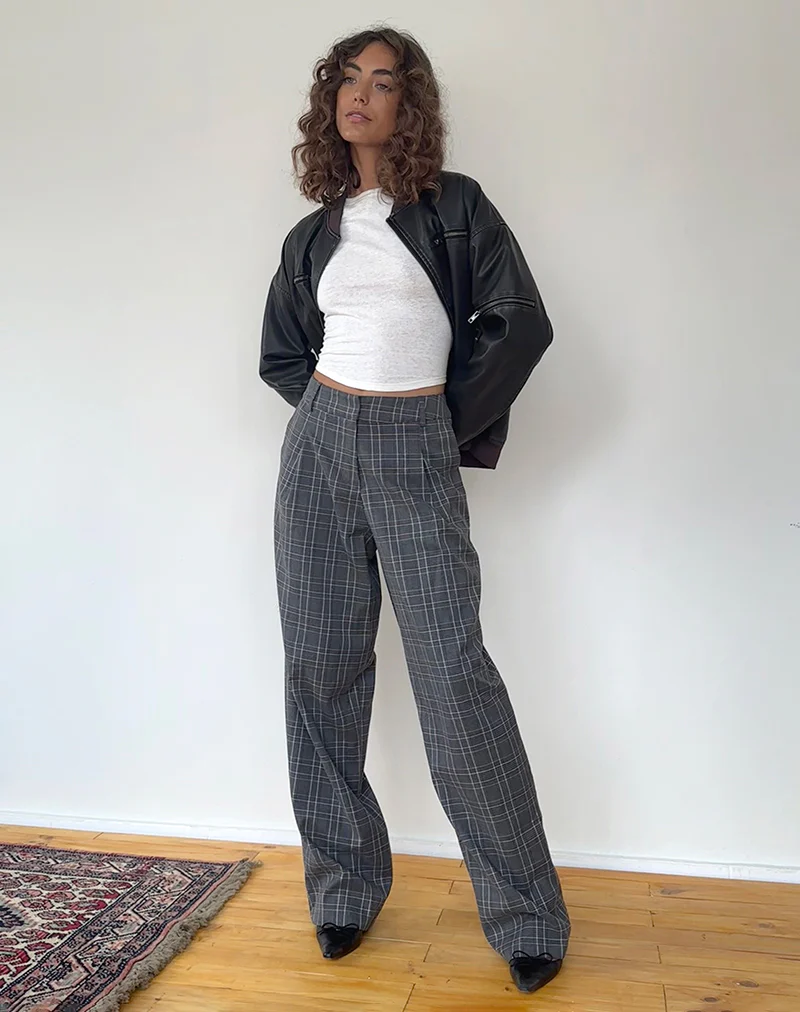 Sakaria Wide Leg Trouser in Grey Check - Image 3