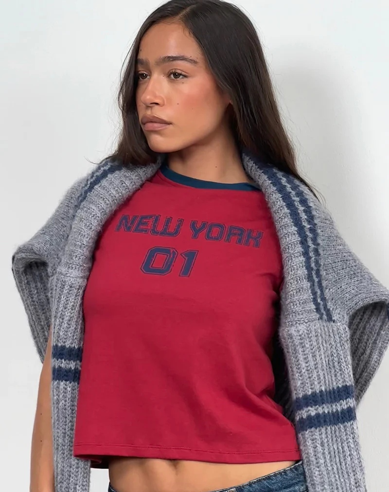 Sakha Boxy Top in Adrenaline Red with Blue New York Print - Image 5