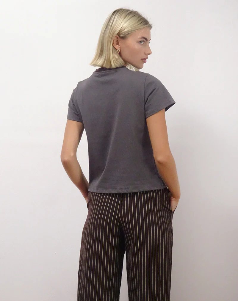Sakha Boxy Tee in Dark Grey with London Print and Brown Binding - Image 3