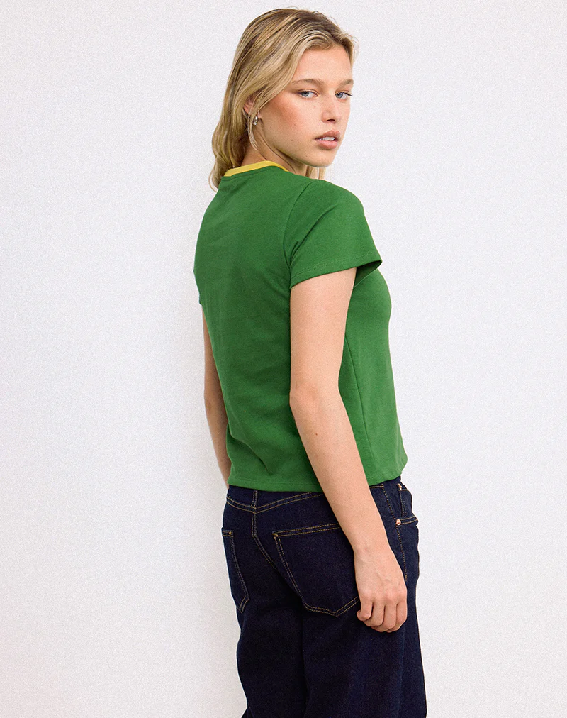 Sakha Boxy Top in Elm Green with Yellow Binding and Berlin Emb - Image 4