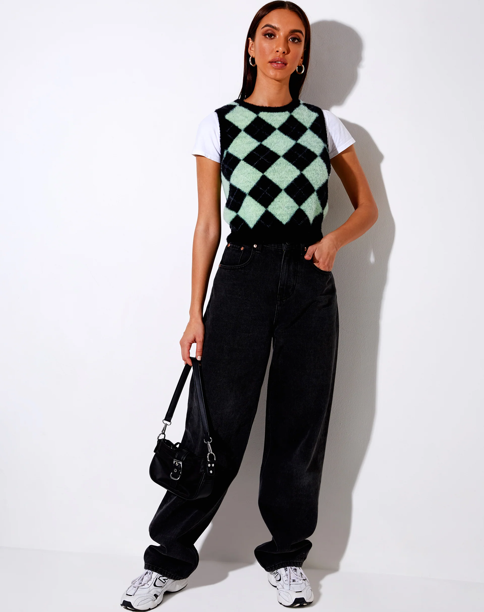 Saki Tank Top in Knit Diamond Black and Green - Image 4