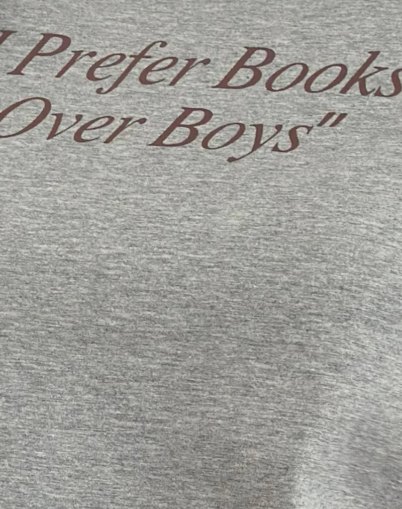 Saki Tee in Grey Marl with I Prefer Books Over Boys Slogan - Image 6