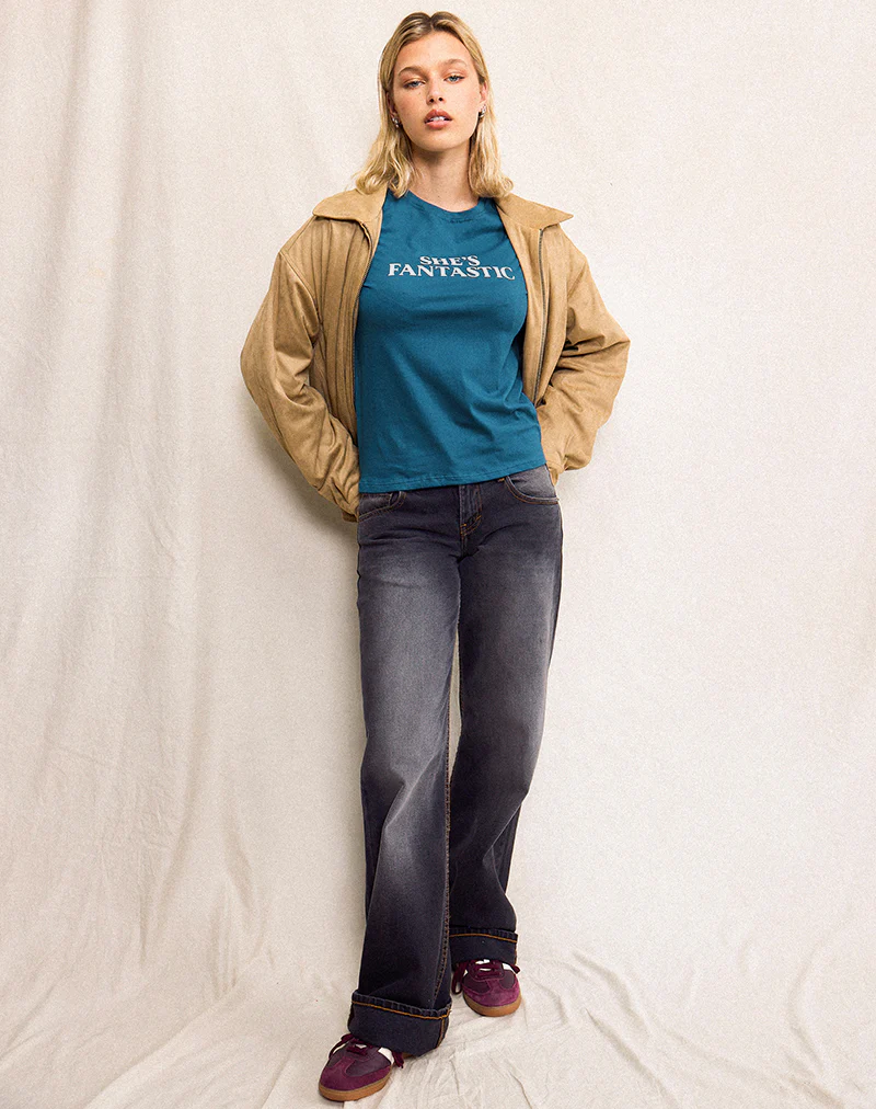Saki Tee in Mediterranean Blue with She's Fantastic Slogan - Image 4