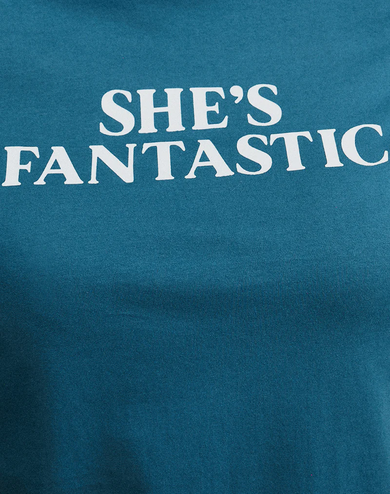 Saki Tee in Mediterranean Blue with She's Fantastic Slogan - Image 6