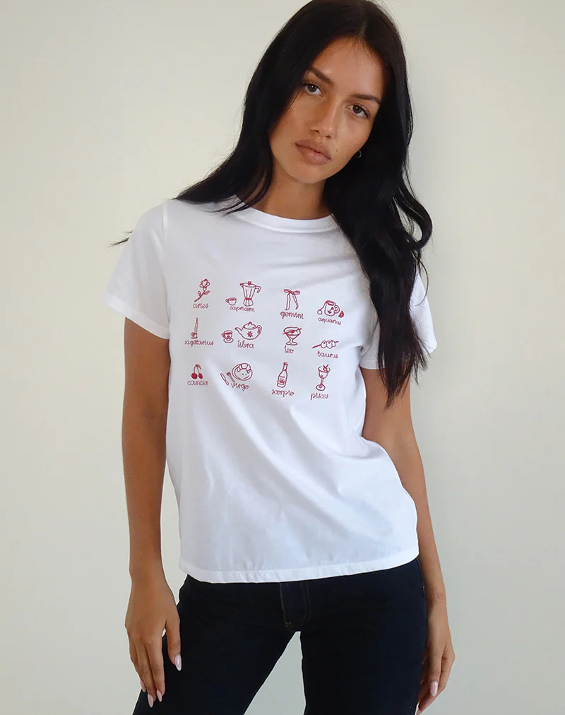 Saki Tee in White with Red Star Signs Print - Image 3