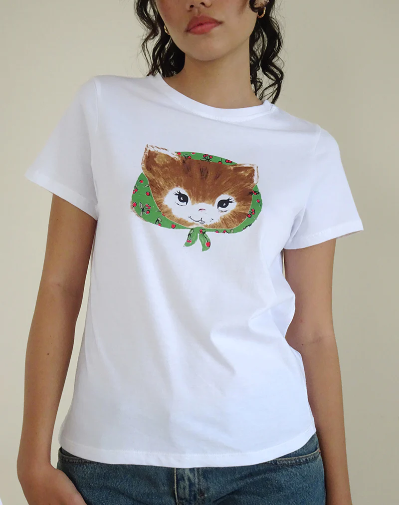 Saki White Tee in Kitty Print - Image 2