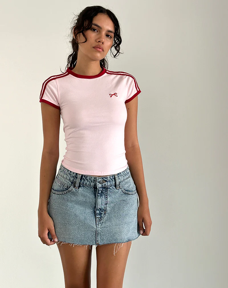 Salda Top in Light Pink with Adrenaline Red Binding and Bow Embroidery - Image 4