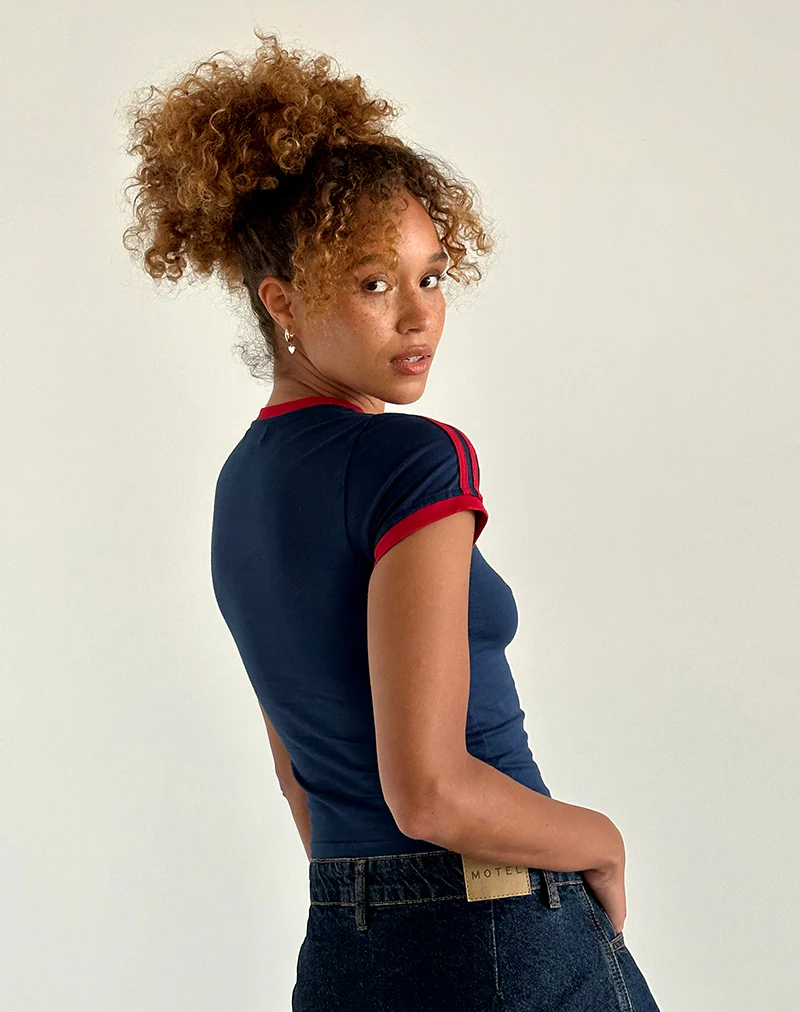 Salda Top in Navy with Adrenaline Red Binding and Logo - Image 4