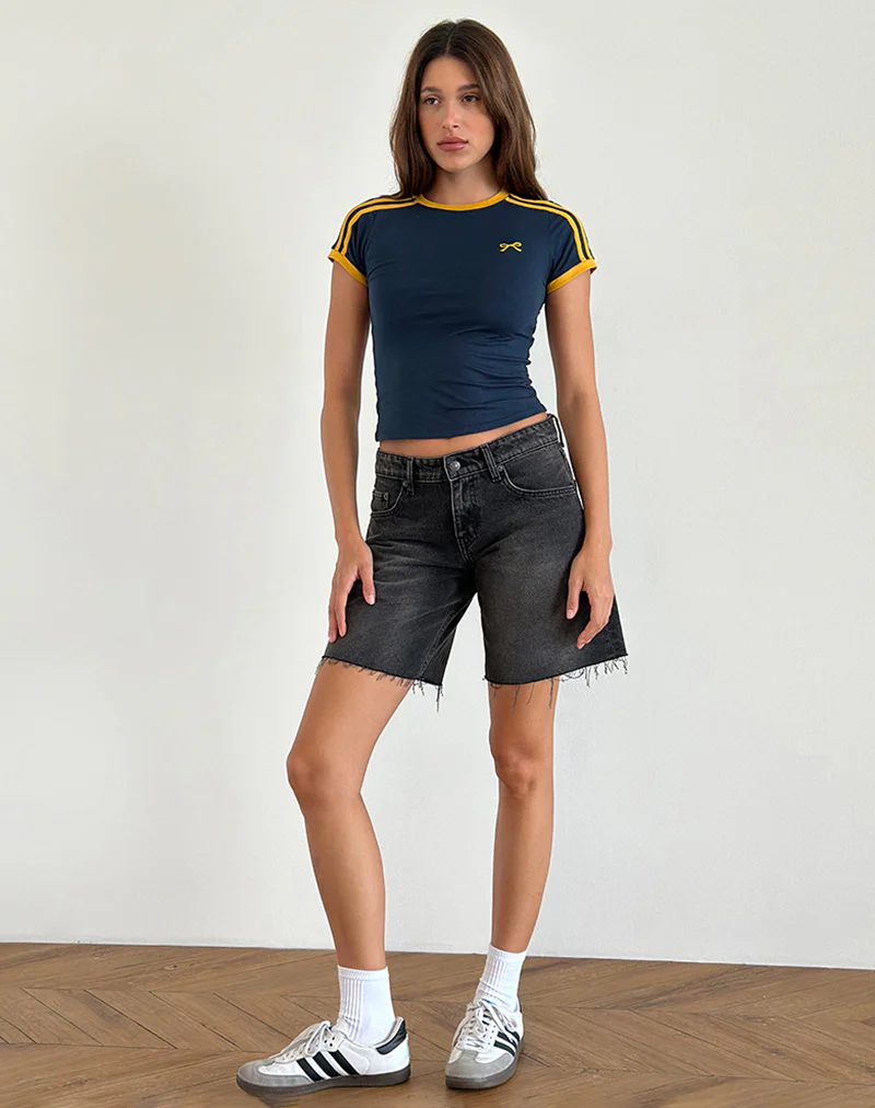 Salda Top in Navy with Mustard Binding and Bow Embroidery - Image 2