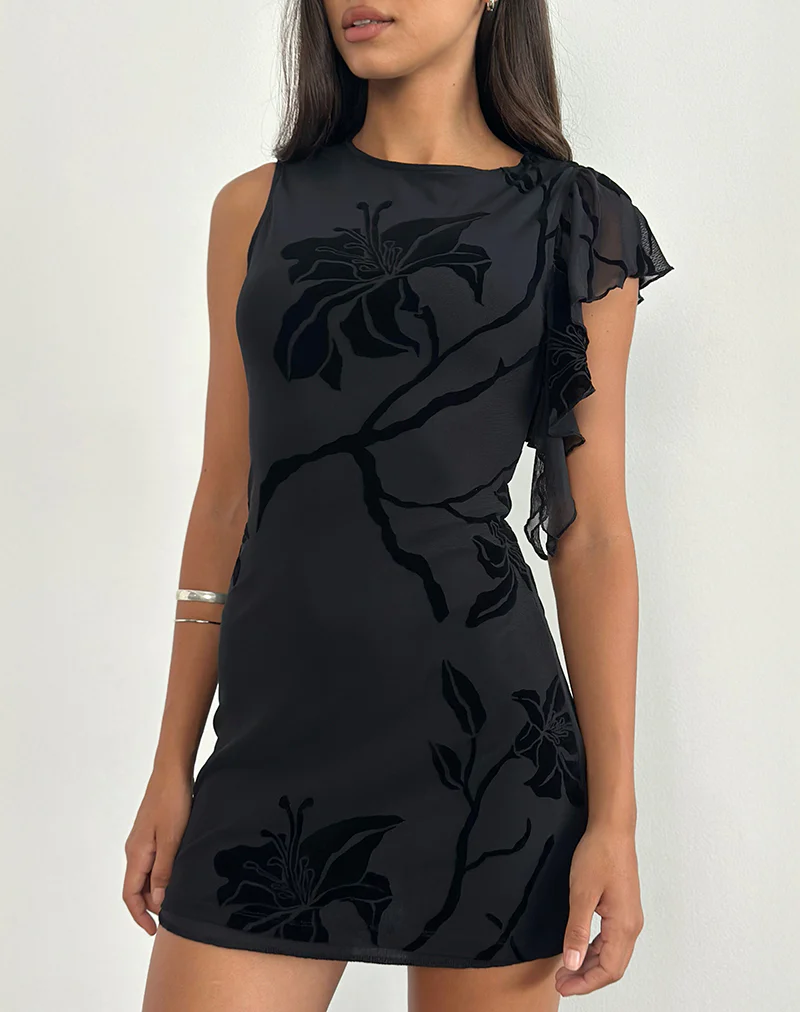 Salya Mini Dress in Orchids Flock Black - Image 2