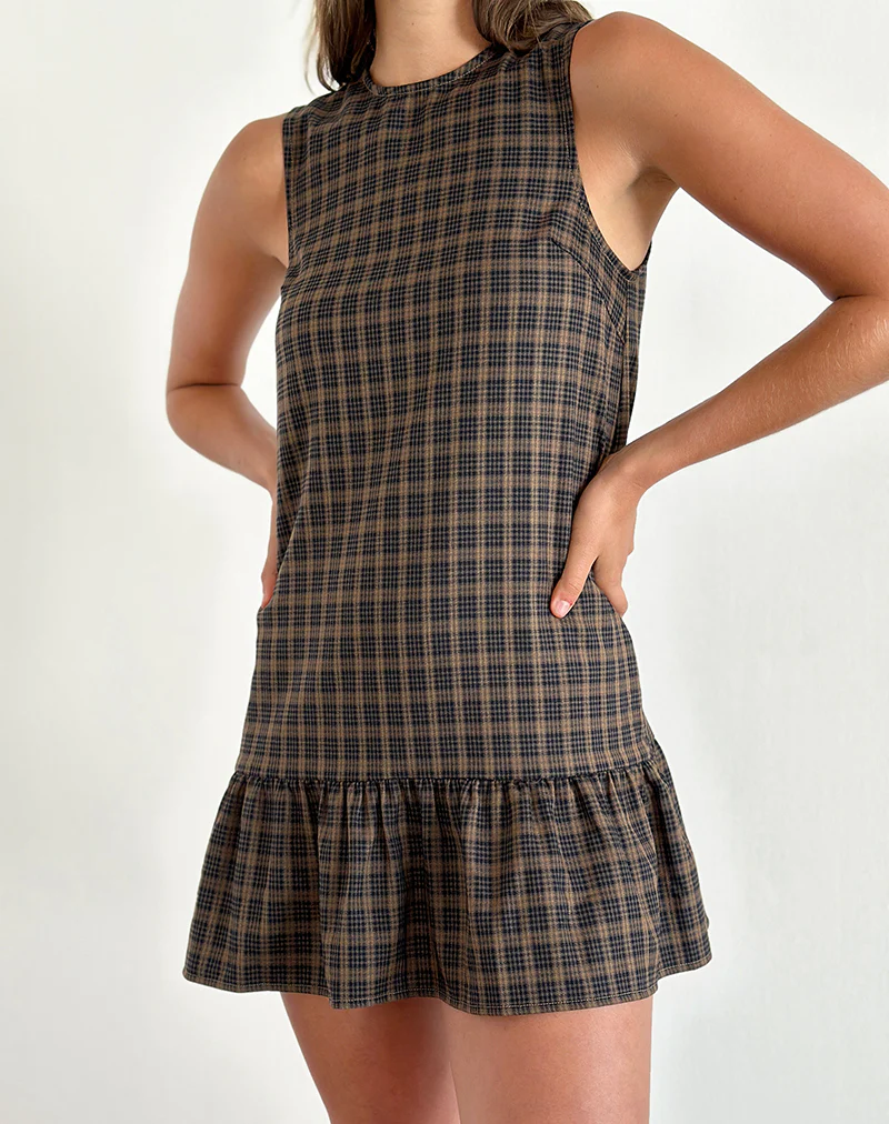Samana Babydoll Mini Dress in Check Dark Brown - Image 3