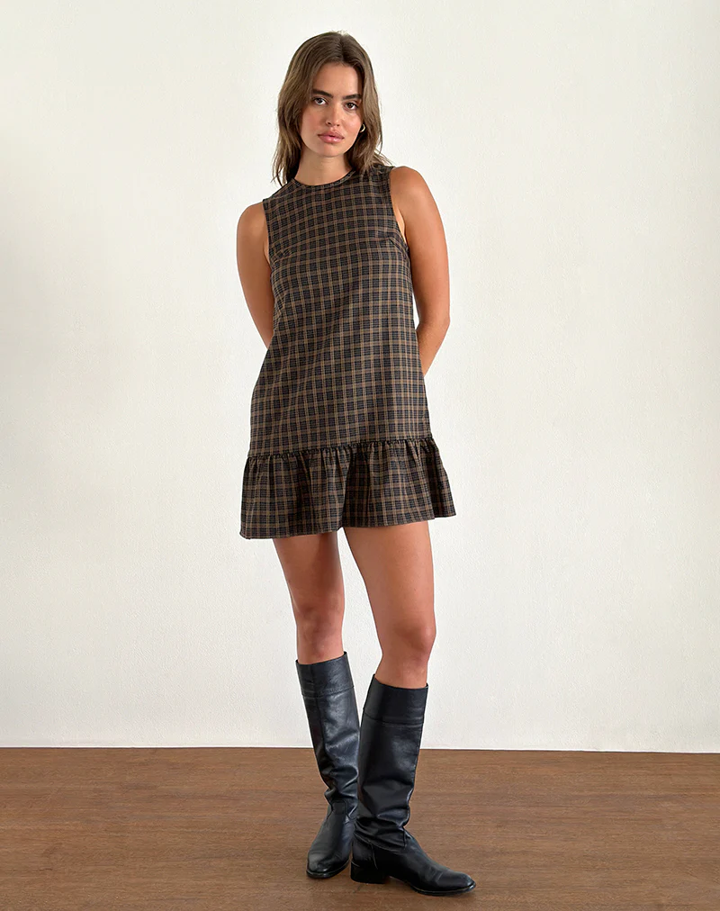 Samana Babydoll Mini Dress in Check Dark Brown - Image 5