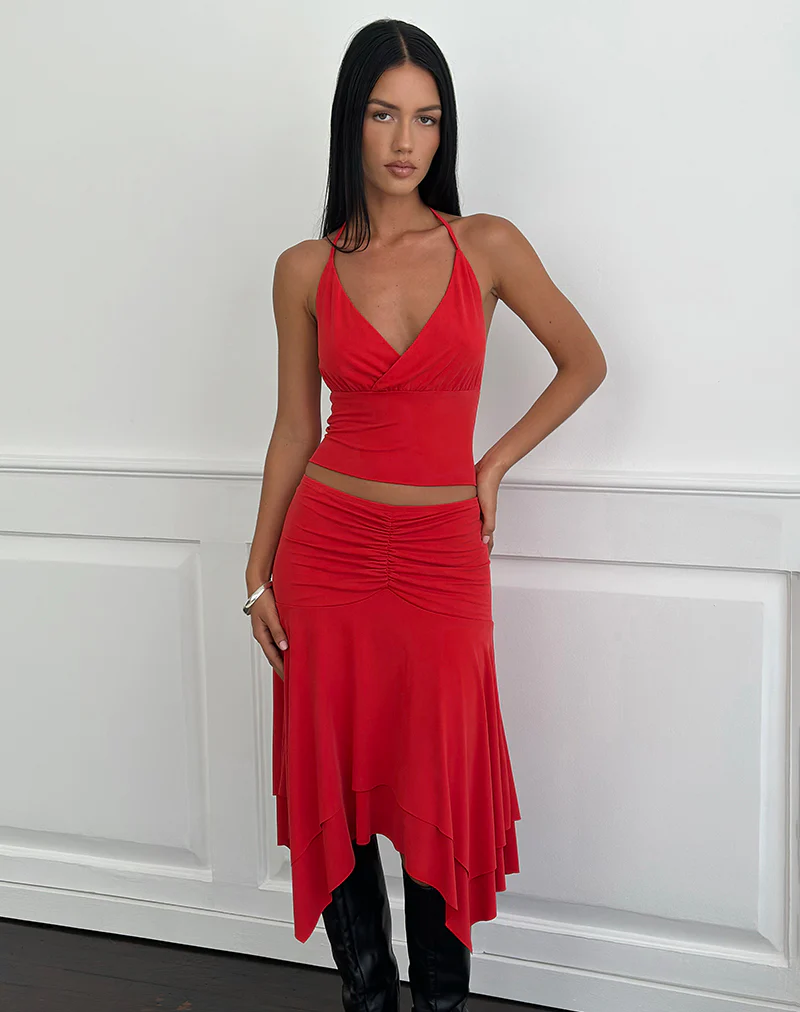 Samaria Gathered Midi Skirt in Cupro Red - Image 3