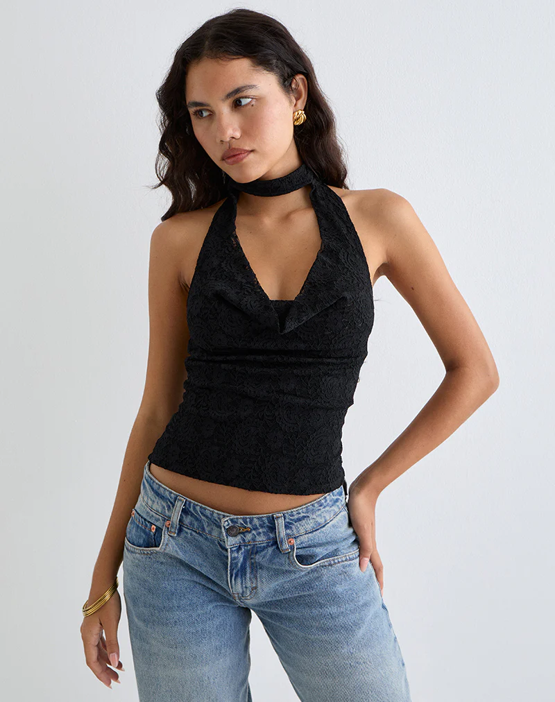 Samwell Halterneck Top in Paisley Lace Black