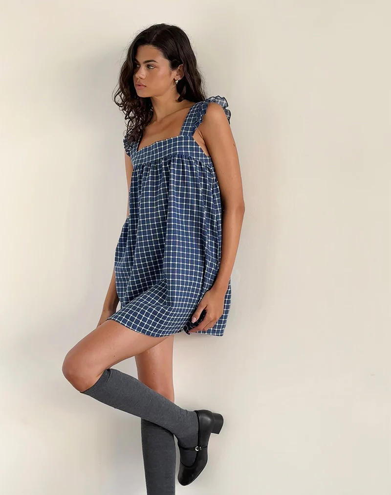 Sanaly Mini Dress in Navy Tartan Rami - Image 2