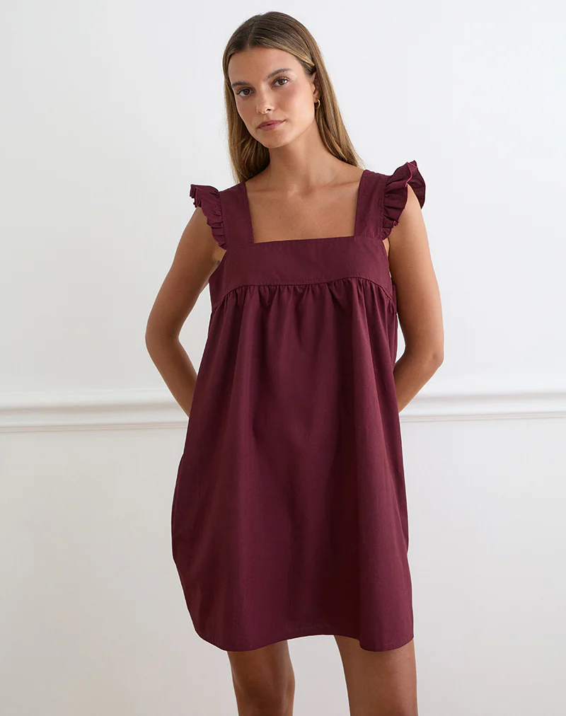 Sanaly Mini Dress in Poplin Maroon - Image 5