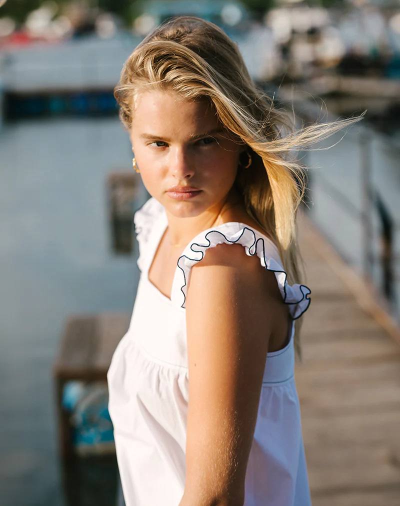 Sanaly Mini Dress in White with Navy Babylock - Image 3