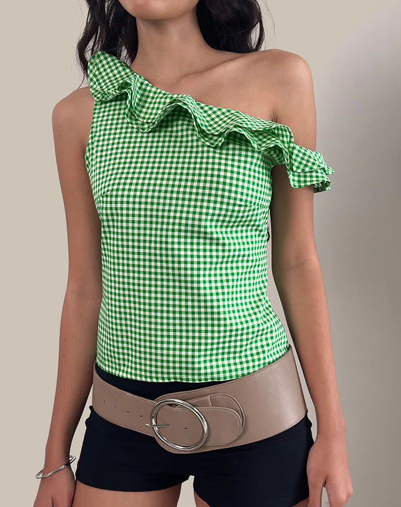 Sanamu Frill Top in Mini Gingham Green - Image 4