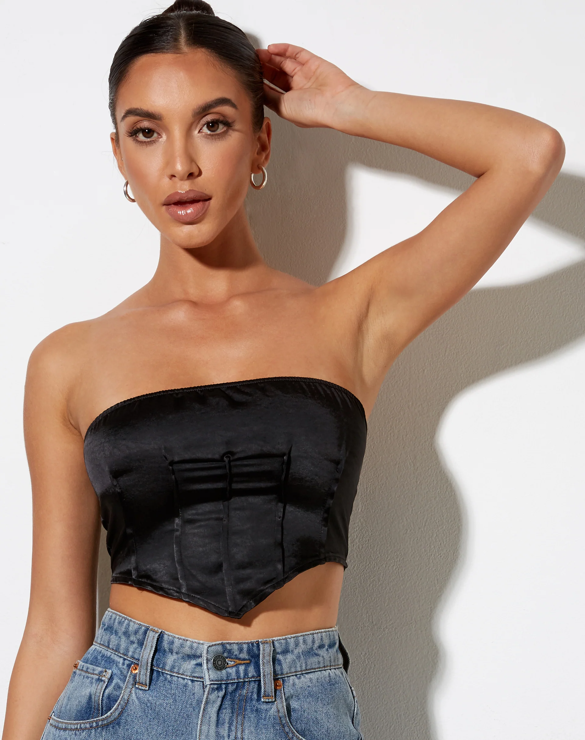 Sanja Bandeau Top in Satin Black - Image 3