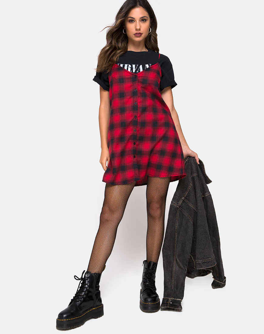 Sanna Slip Dress in Plaid Red Black - Image 3