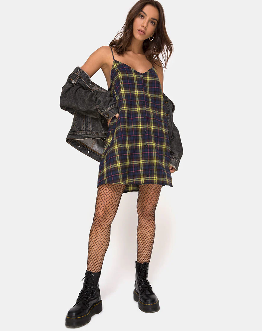 Sanna Slip Dress in Plaid Brown Yellow Check - Image 3