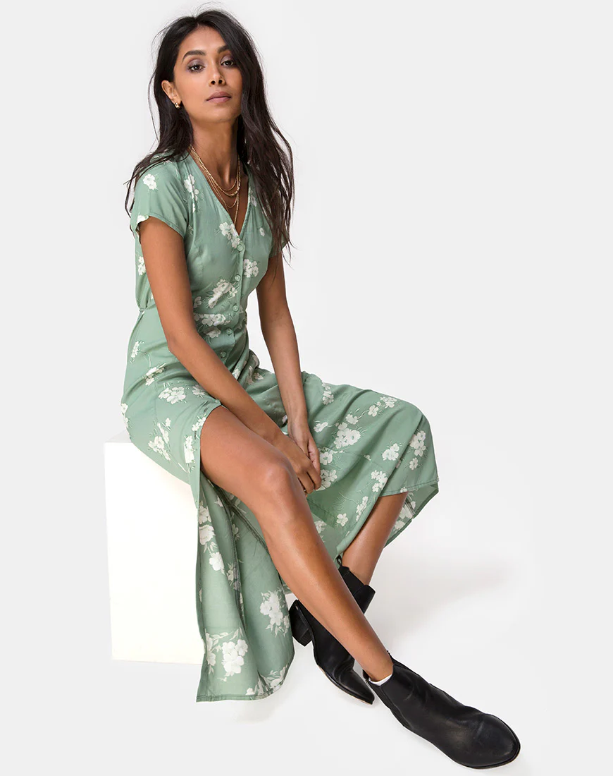 Sanrin Maxi Dress in Mono Flower Green - Image 2