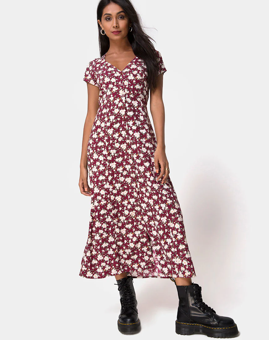 Sanrin Midi Dress in Wild Fleur Maroon