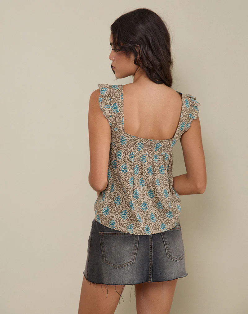 Sanula Top in Blue and Brown Floral Bohemian Batik - Image 3