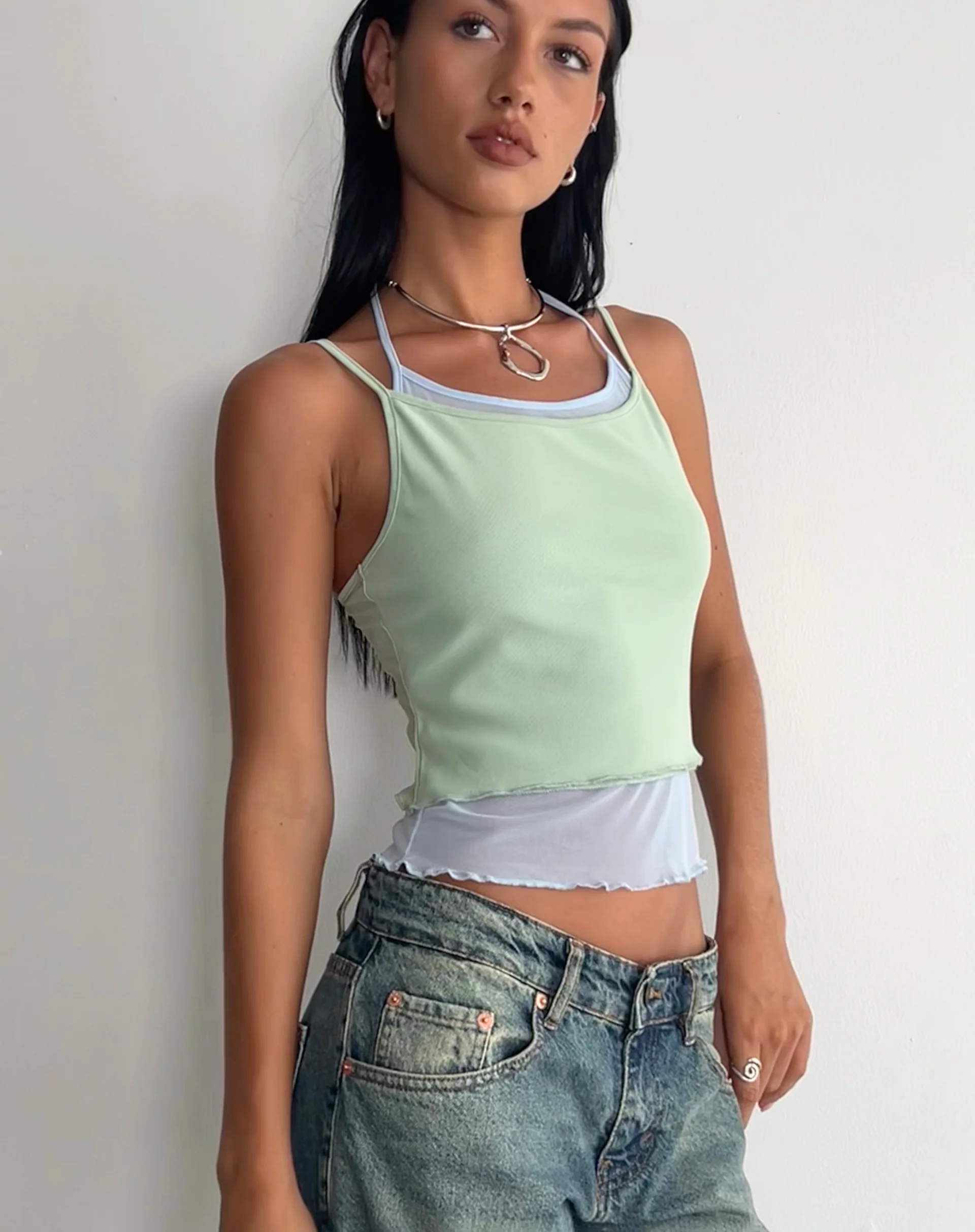 Sapphi Double Layered Cami Top in Frost Blue and Sage Green - Image 5