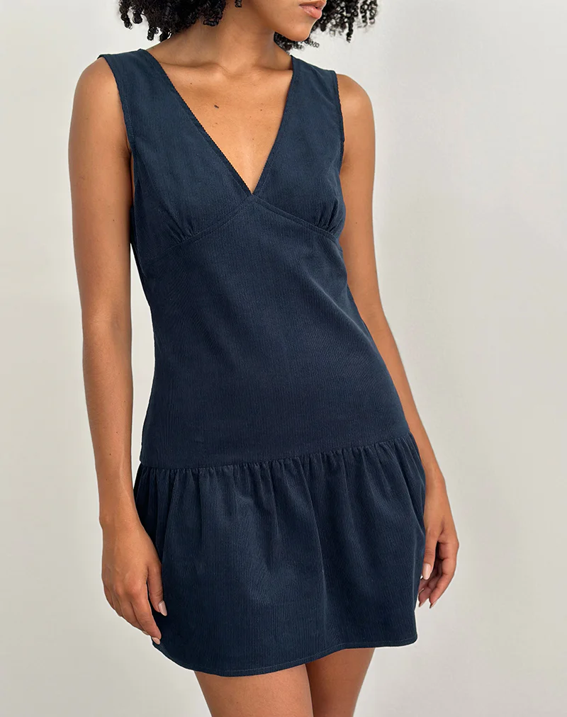 Sarabi Plunge Mini Dress in Cord Navy - Image 2