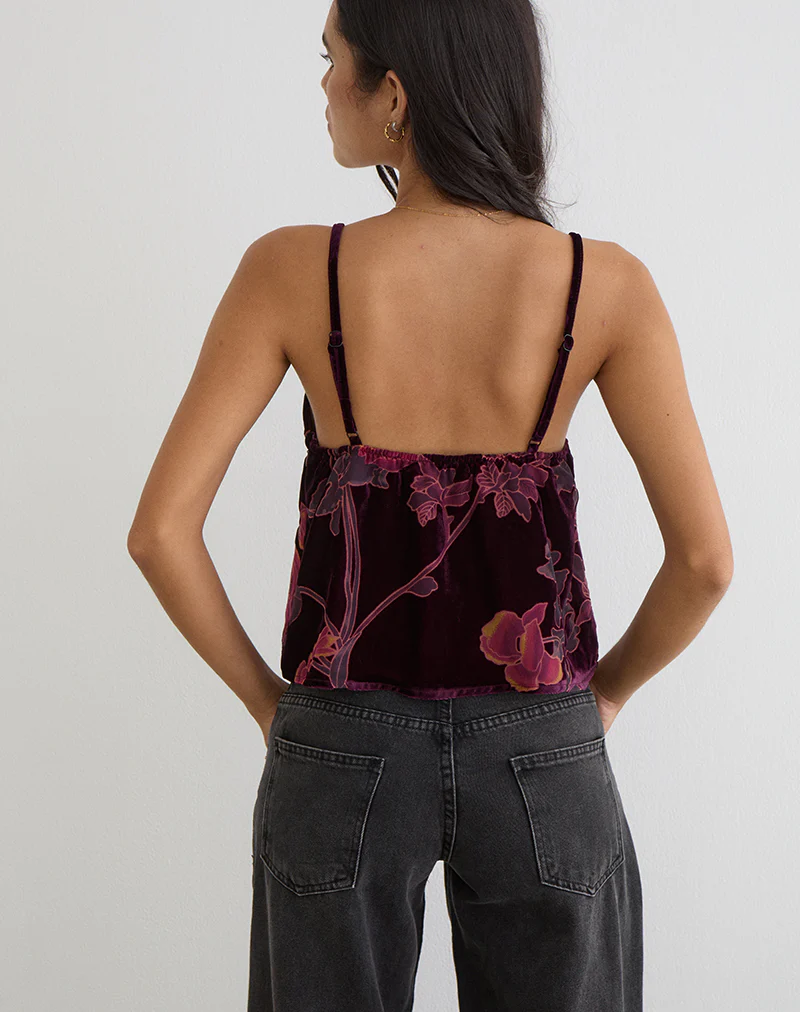 Sarinda Cami Top in Floral Devore Burgundy - Image 4