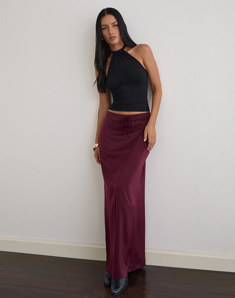 Sarinem Maxi Skirt in Satin Burgundy - Image 4