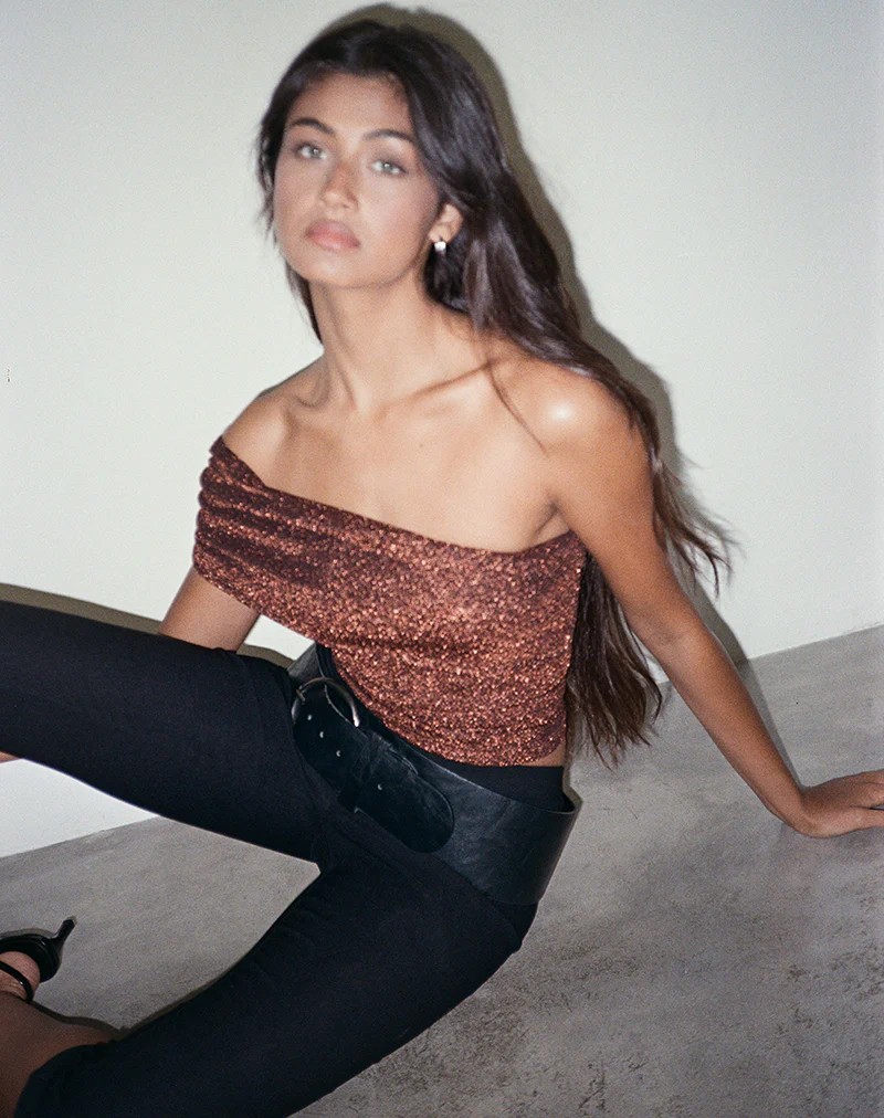 Sarla One Shoulder Top in Jersey Glitter Copper - Image 5
