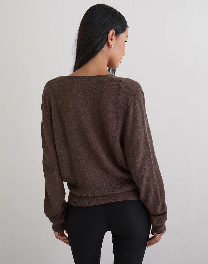Saroya Plunge Wrap Top in Knit Dark Chocolate - Image 4