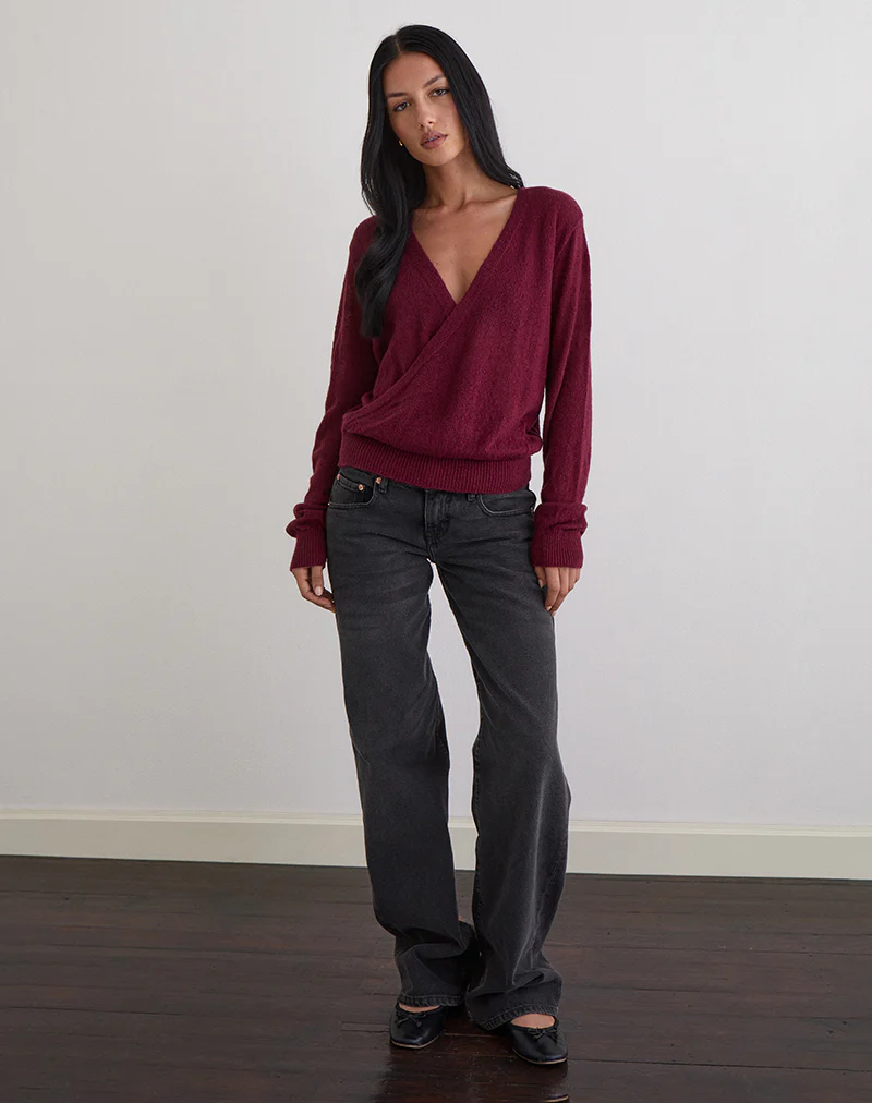 Saroya Plunge Wrap Top in Knit Wine - Image 2