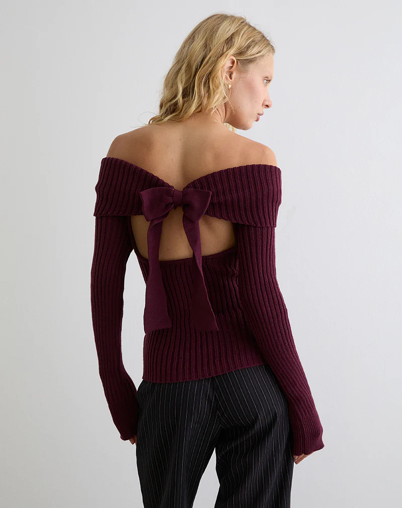 Saskia Bardot Bow Back Top in Dark Cherry - Image 2