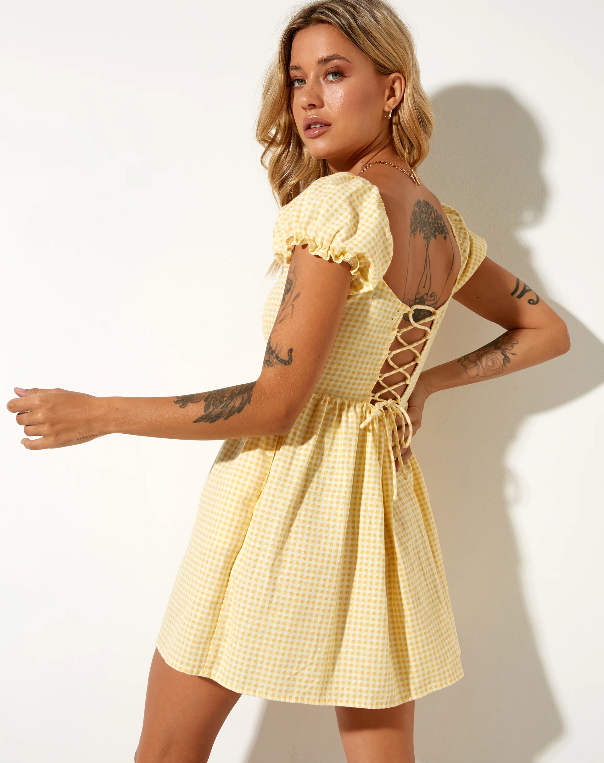 Saunder Skater Dress in Lemon Gingham Yellow - Image 2