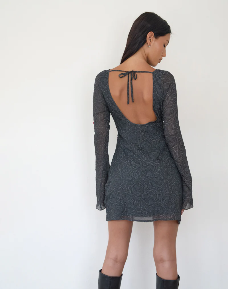 Sava Open Back Long Sleeve Mini Dress in Black Floral Chiffon - Image 2