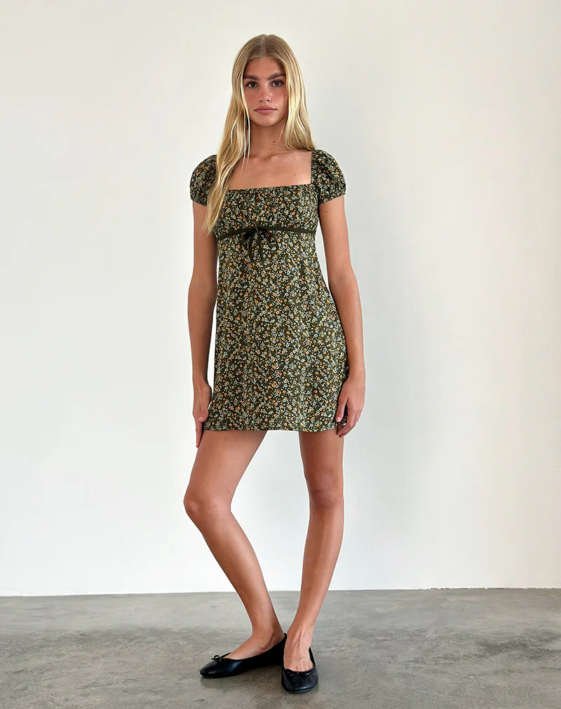 Savio Mini Dress in Grunge Floral Khaki - Image 3