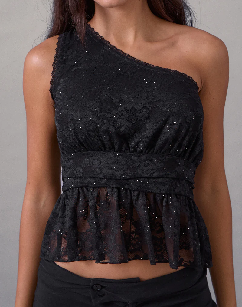 Sayong One Shoulder Top in Floral Lace Black - Image 2