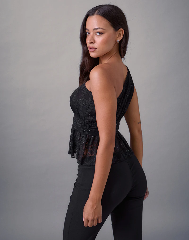 Sayong One Shoulder Top in Floral Lace Black - Image 5