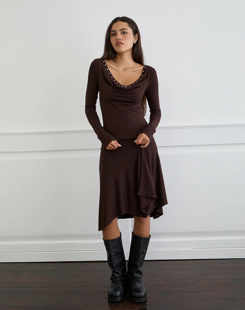 Scanio Long Sleeve Cowl Top with Studs in Bitter Chocolate - Image 2
