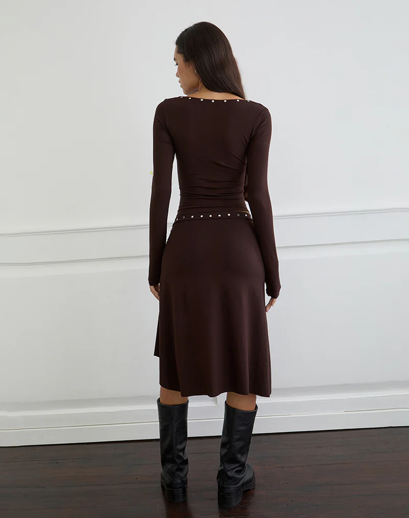 Scanio Long Sleeve Cowl Top with Studs in Bitter Chocolate - Image 4