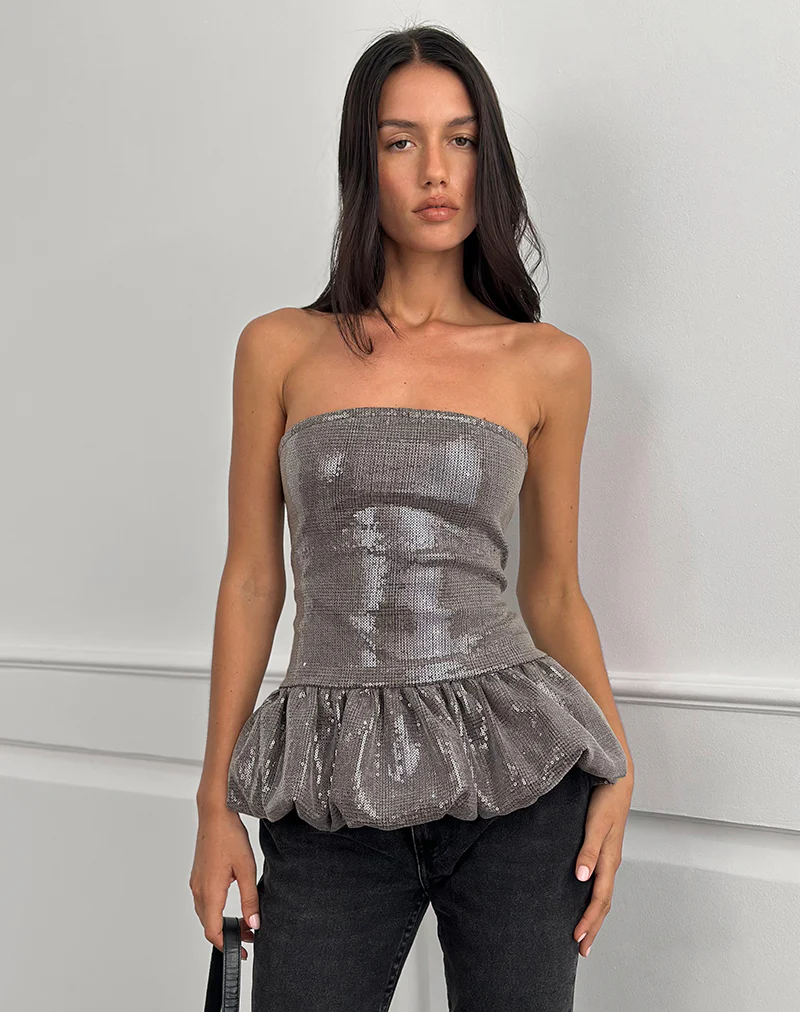 Seada Peplum Top in Sequin Check Brown - Image 3