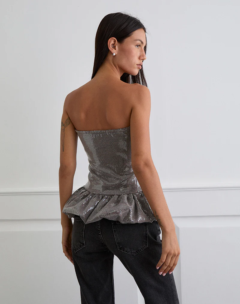 Seada Peplum Top in Sequin Check Brown - Image 6