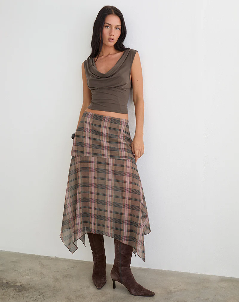Sedra Midi Skirt in Brown and Pink Blurry Check - Image 3