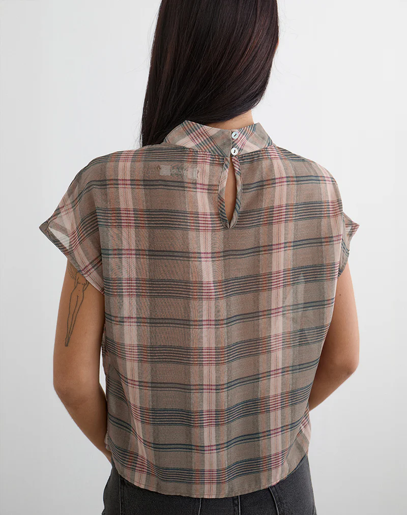 Sekala Top in Brown and Pink Blurry Check - Image 4